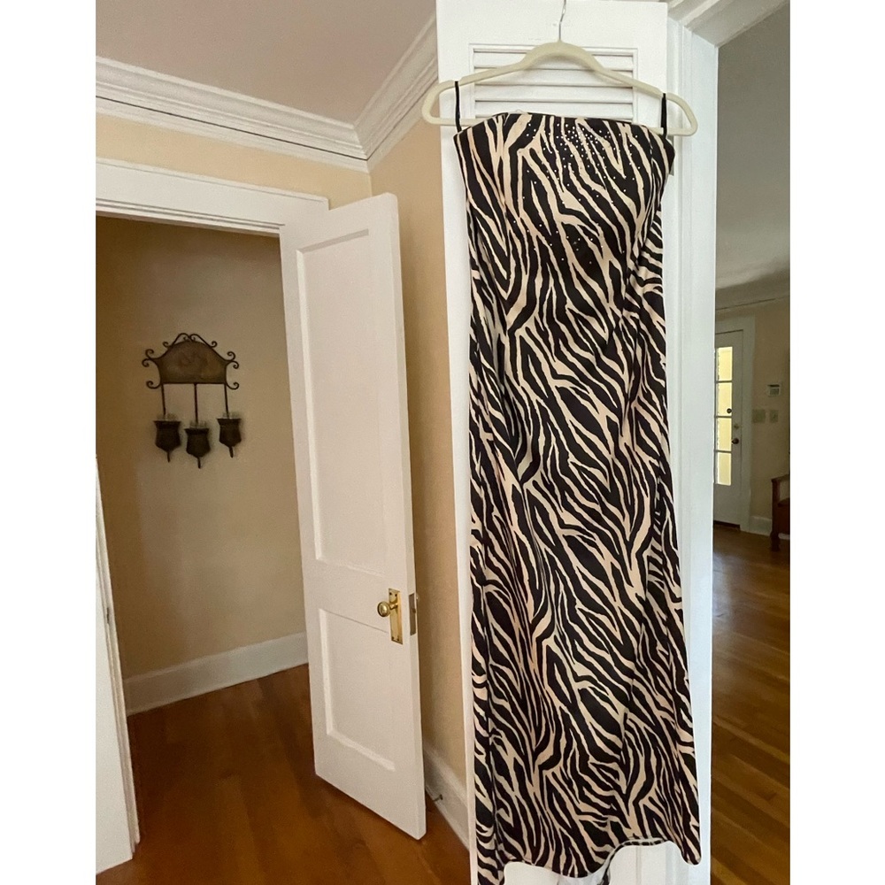 Jessica McClintock/ Gunne Sak Zebra Print Strapless Dress with sequins
